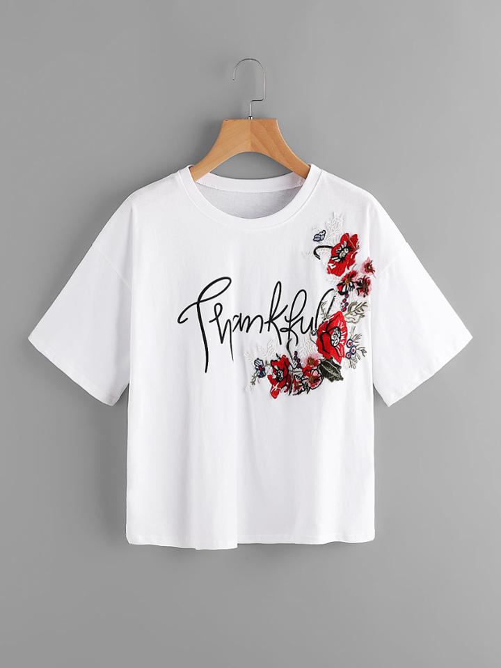Shein Drop Shoulder Letter Print Embroidered Top