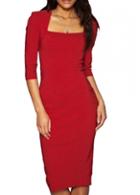 Rosewe Fascinating Half Sleeve Square Neck Red Sheath Dress