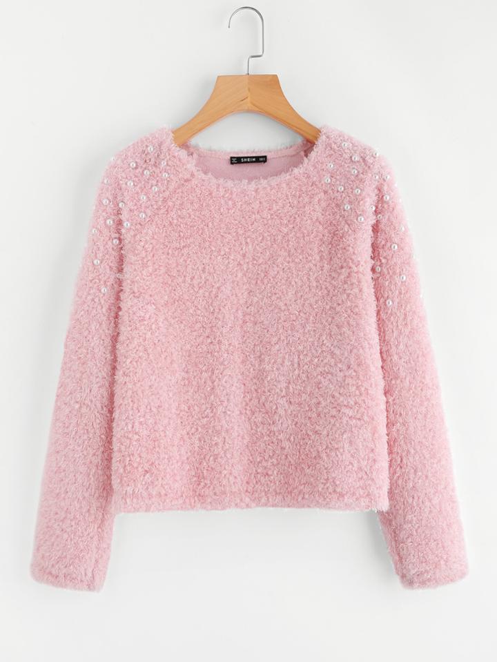 Shein Pearl Embellished Raglan Sleeve Fuzzy Tee