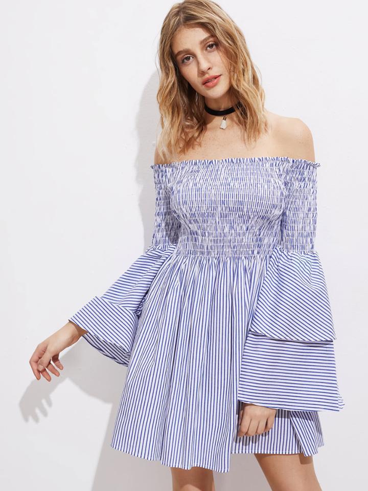 Shein Shirred Off The Shoulder Bell Layered Sleeve Dress