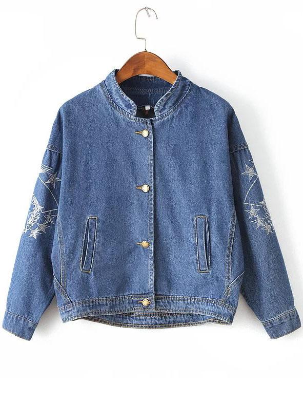 Shein Blue Stand Collar Embroidery Drop Shoulder Denim Jacket