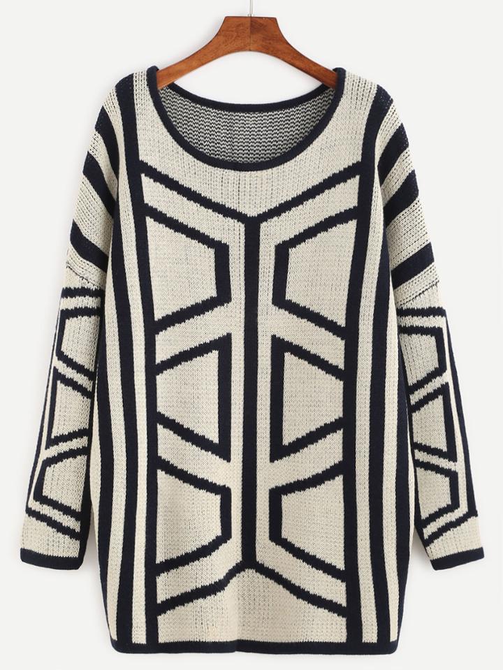 Shein White Geo Pattern Drop Shoulder Sweater