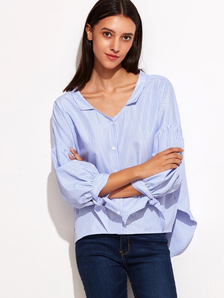 Shein Vertical Striped Lantern Sleeve Blouse With Bow Detail