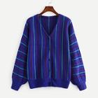 Shein Bishop Sleeve Button Up Stripe Knit Coat