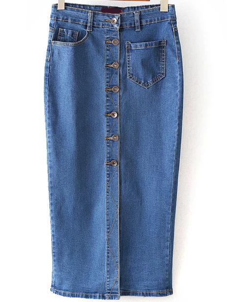 Shein Single Breasted Denim Split Skinny Pale Blue Skirt