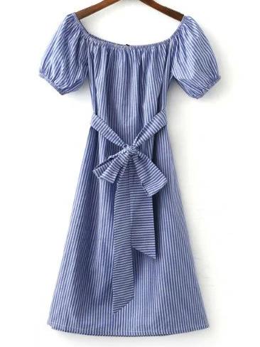 Shein Blue White Stripe Tie-waist Bow Boat Neck Dress