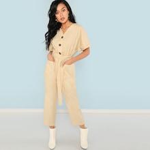 Shein Batwing Sleeve Button Half Placket Jumpsuit