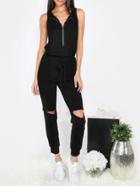 Shein Zipper Front Ripped Knee Jumpsuit