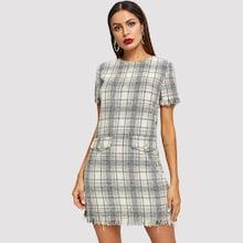 Shein Fringe Detail Pocket Plaid Dress