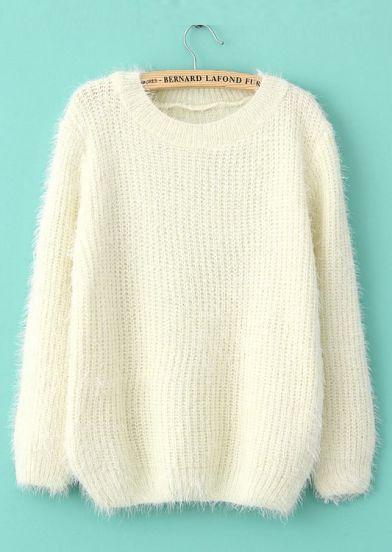 Shein Beige Long Sleeve Shaggy Mohair Loose Sweater