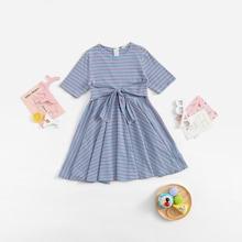 Shein Girls Zip Back Knot Front Striped Dress