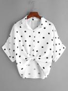 Shein Textured Dots Knot Front Cuffed Blouse