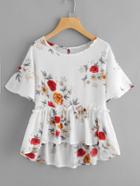 Shein Botanical Print Keyhole Back Frill Hem Babydoll Blouse
