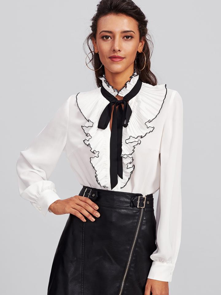 Shein Bow Tie Pleated Frill Placket Blouse