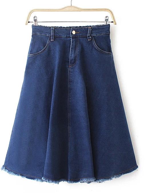 Shein Navy Pockets Fringe A Line Denim Skirt