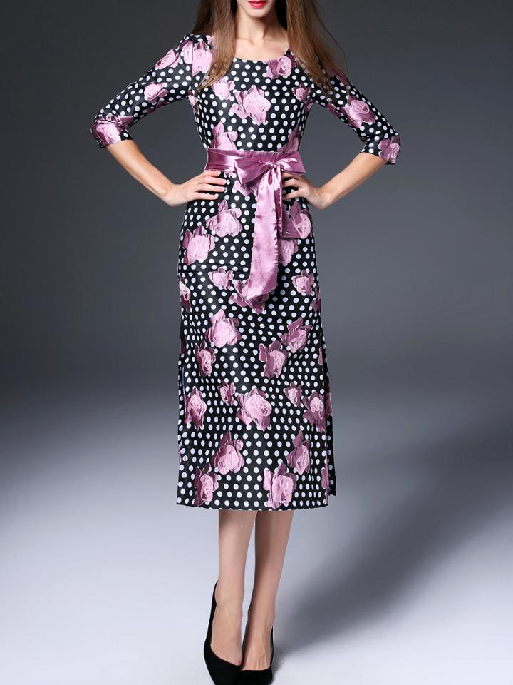 Shein Black Flowers Jacquard Polka Dot Tie-waist Dress