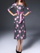 Shein Black Flowers Jacquard Polka Dot Tie-waist Dress