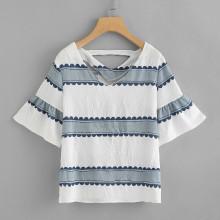 Shein V Neck Flounce Sleeve Colorblock Top