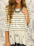 Shein White Striped Embroidered Hem Blouse