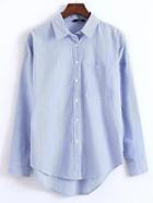 Shein Blue Vertical Striped Drop Shoulder Embroidered High Low Shirt