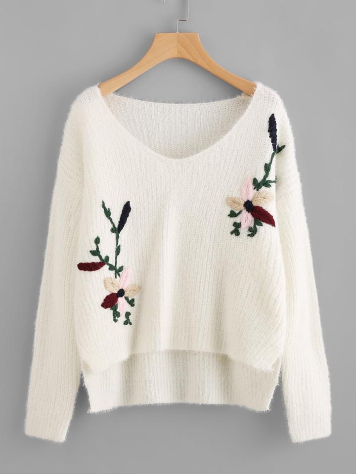 Shein Flower Embroidered High Low Fuzzy Jumper