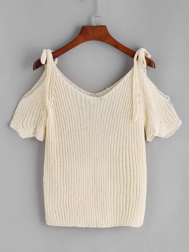 Shein Beige Cold Shoulder Scallop Knit T-shirt