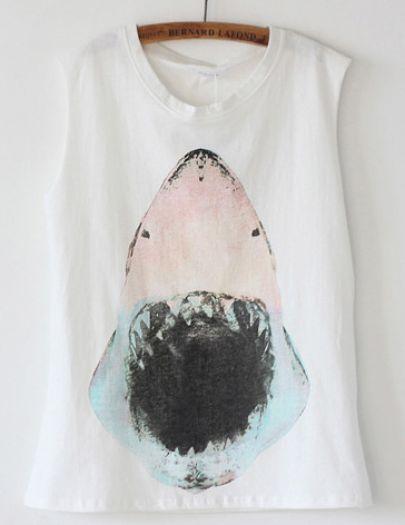 Shein White Sleeveless Shark Print Vest