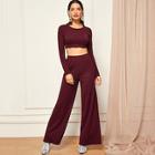Shein Crop Rib Knit Top And Flare Leg Pants Set