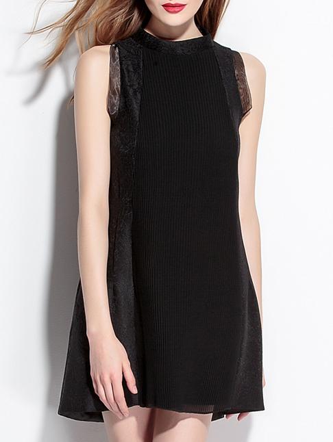 Shein Black Pleated Pockets Contrast Lace Dress