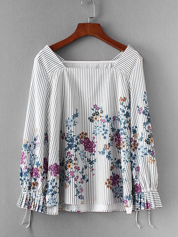 Shein Flower Print Striped Blouse