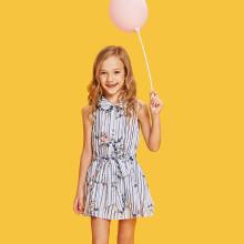 Shein Girls Floral & Striped Sleeveless Shirt Dress With Belt