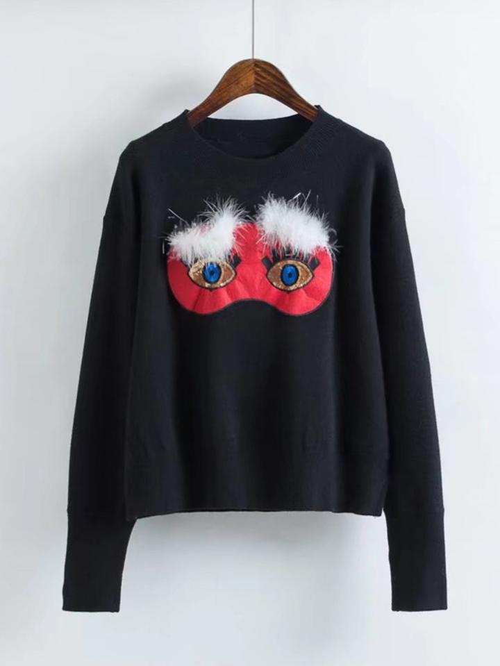 Shein Sequin Eye Faux Fur Detail Sweater