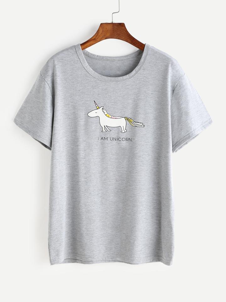 Shein Heather Grey Cartoon Print T-shirt