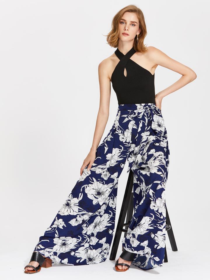 Shein Self Belted Pleated Floral Palazzo Pants