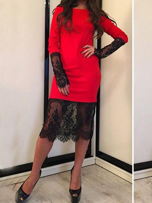 Shein Red Round Neck Sheer Lace Slim Dress