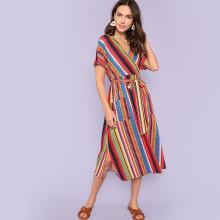 Shein Pocket Front Self Belted Striped Wrap Dress
