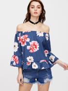 Shein Bardot Flute Sleeve Floral Print Top