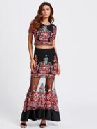 Shein Embroidered Mesh Overlay Top And Ruffle Skirt Set
