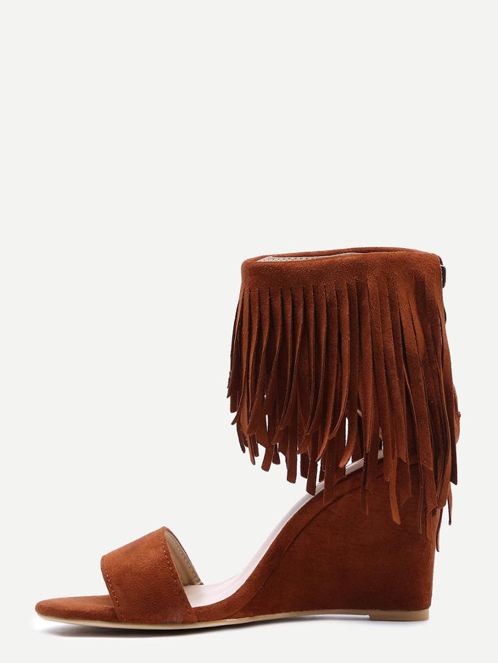 Shein Faux Suede Wide Strap Fringe Ankle Sandals - Light Tan