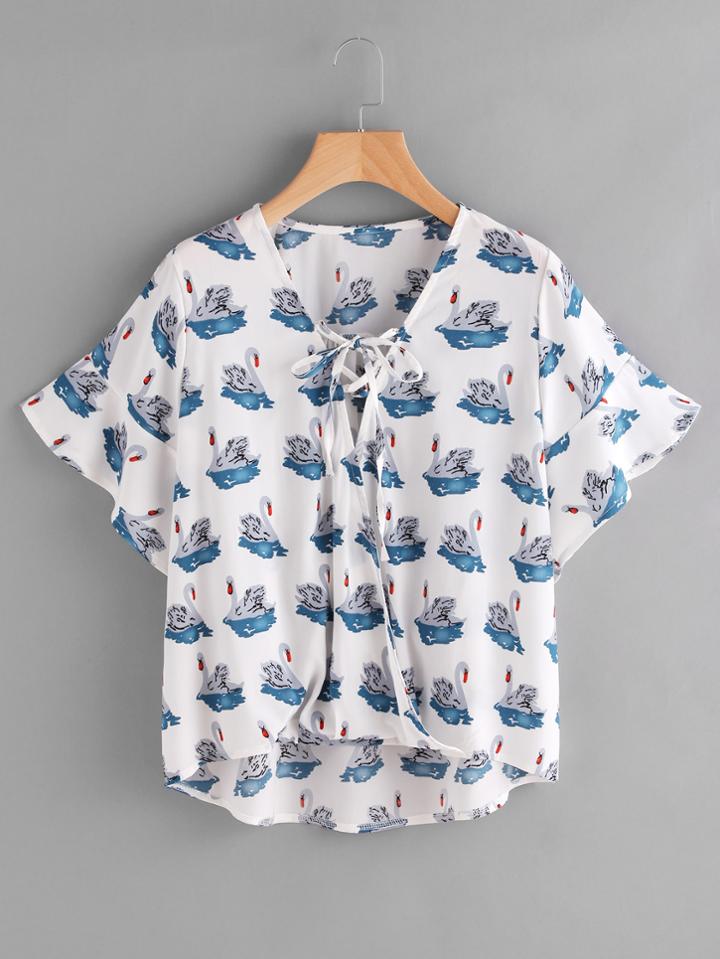 Shein Goose Print Tie Front Frill Cuff Dip Hem Top