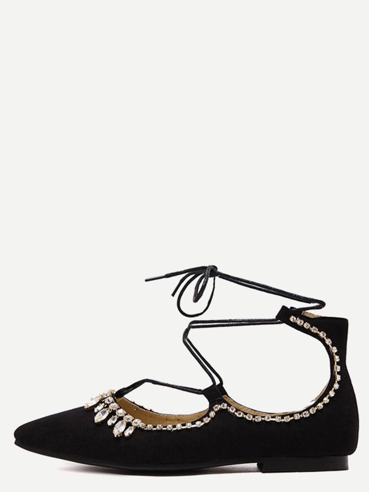 Shein Black Point Toe Lace-up Rhinestone Flats
