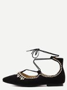 Shein Black Point Toe Lace-up Rhinestone Flats