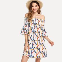 Shein Off Shoulder Allover Printed Shirred Dress