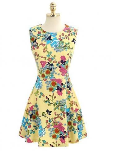Rosewe Hot Sale Yellow Flowers Print Sleeveless A Line Dress
