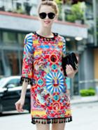 Shein Multicolor Round Neck Length Sleeve Print Tassel Dress