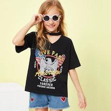 Shein Girls Cut V Neck Mixed Print Tee