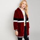Shein Zip Up Striped Faux Fur Coat