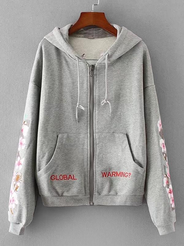 Shein Flower Embroidered Zipper Up Hoodie