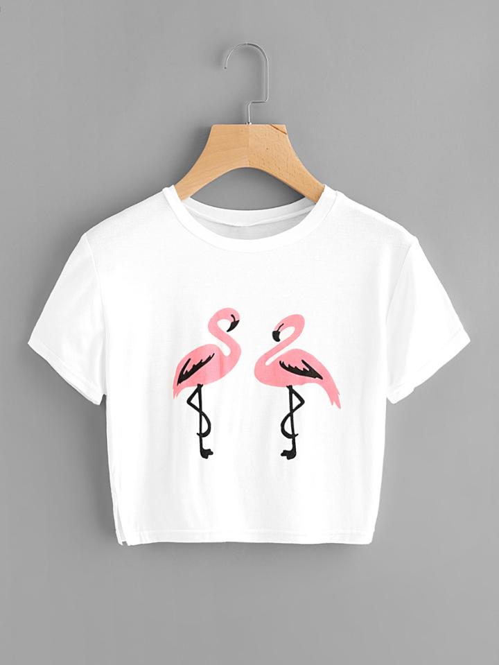 Shein Flamingo Print Slit Side Crop Tee