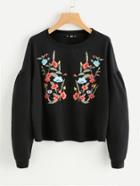 Shein Drop Shoulder Puff Sleeve Botanical Embroidery Sweatshirt